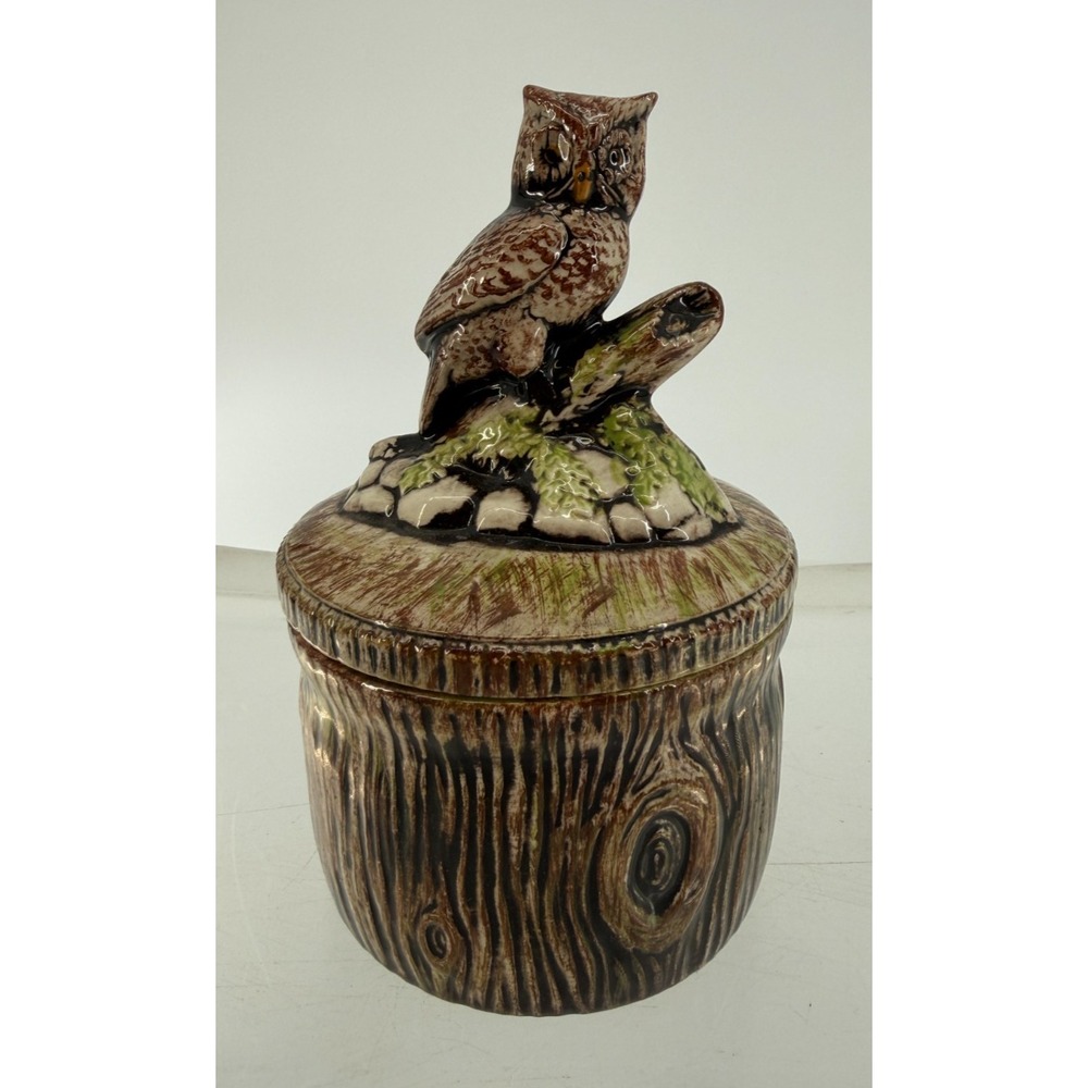 Handmade Studio Pottery Owl Lidded Jar Tree Bark Woodland Rustic Art Pottery Can